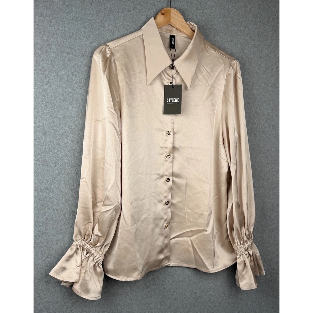 STYLEWE Womens Satin Button Front Blouse Beige Size L Long Sleeve